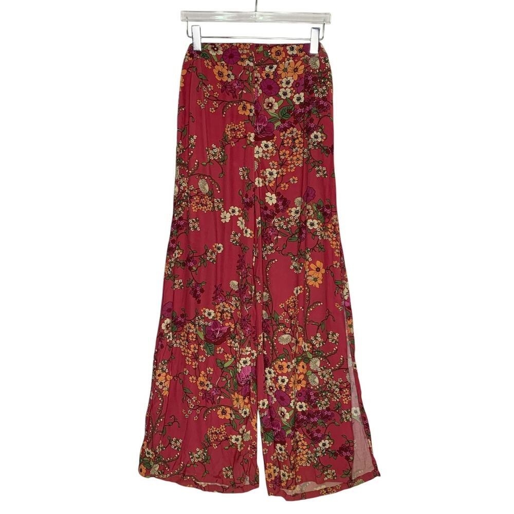 WAYF Split Wide Leg Pants L Red Botanical Floral Print High Rise